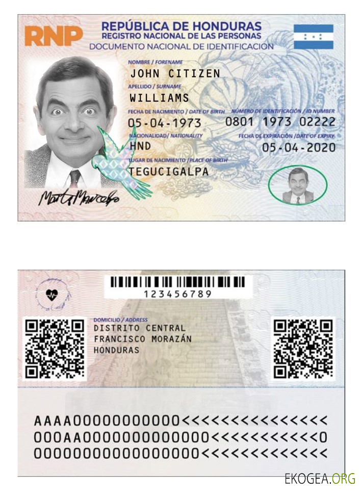 Modèle PSD de carte d'identité du Honduras, avec polices, version 2